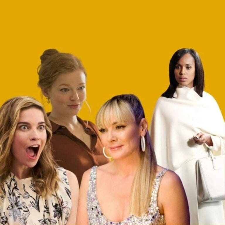 On a mustard yellow background, there are four actresses who play PR and communications people on TV.