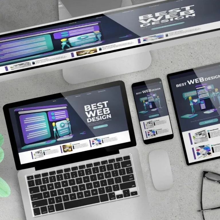 A flat lay of various phones, tablets and computers showing a new website design.