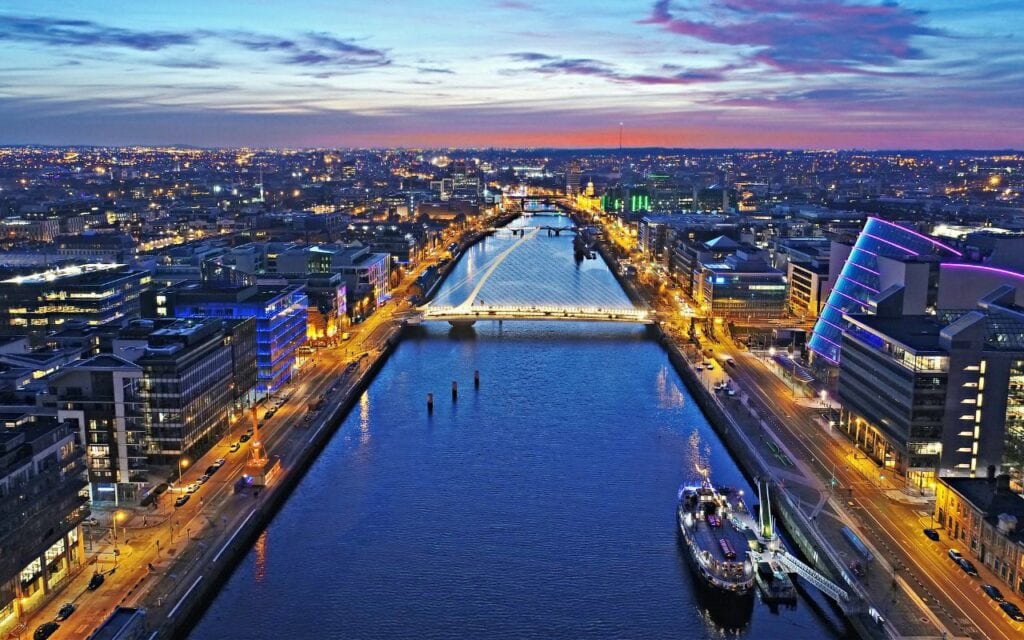An aerial view of Dublin, Ireland at night.