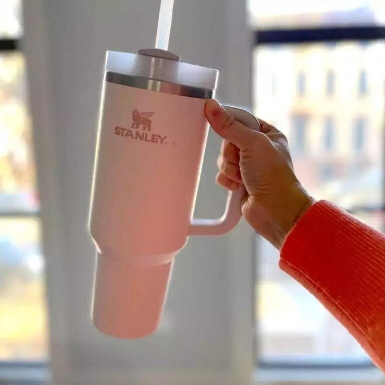 A hand holds out a light orange-coloured Stanley tumbler in front of a window.