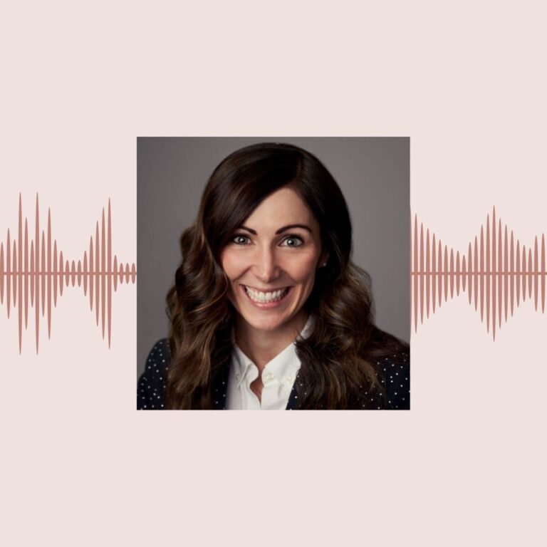 An audio frequency sits behind a headshot of Angela Dwyer.