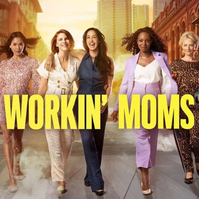 A promo ad for the show Workin' Moms, where the show title spans the middle in large yellow text. Behind the text are the five main characters walking and smiling.