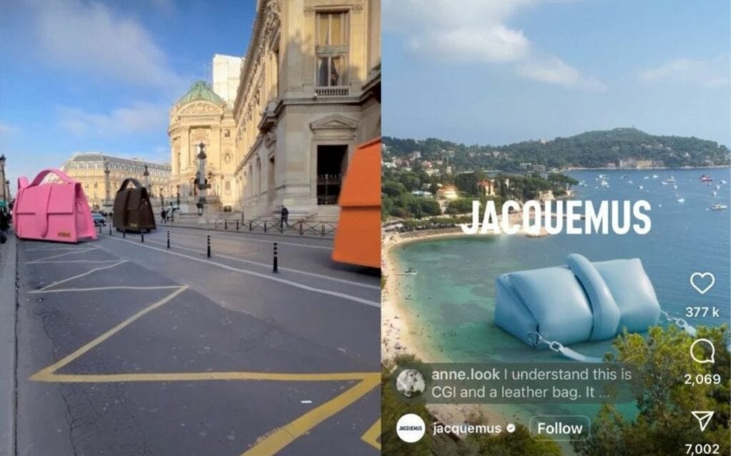 Two stills from the Jacquemus CGI adverts featuring large, colourful bags on the street and in the ocean.