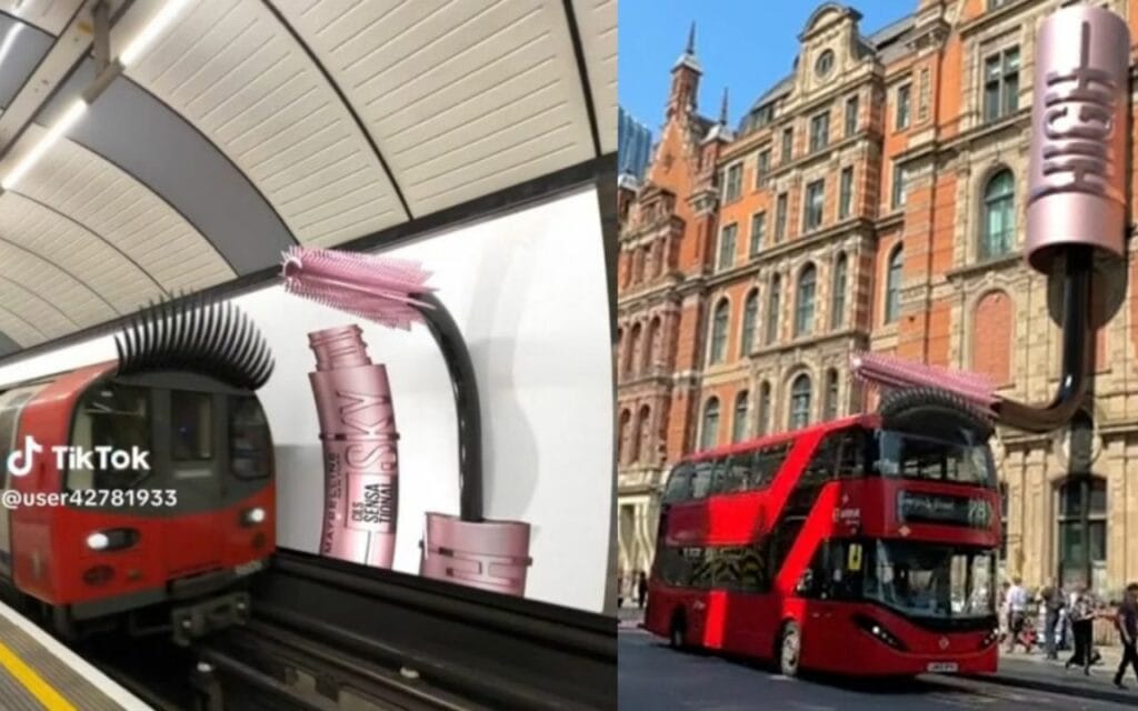 A still from two TikTok videos showing a subway and a bus with eyelashes that are engaging with a mascara brush.