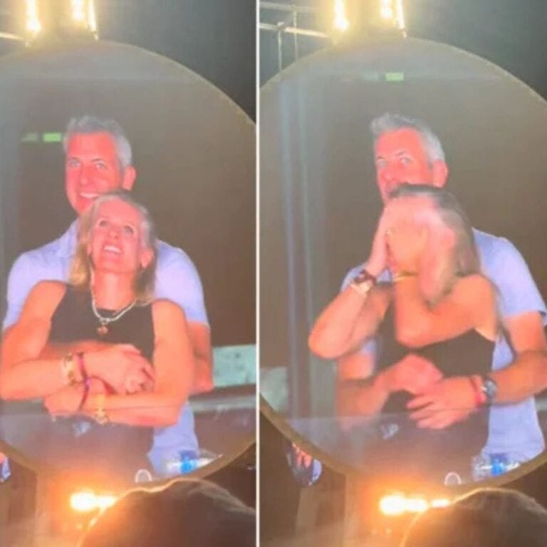 Two stills from a video of the Coldplay Kiss Cam where the Astronomer CEO and his head of HR are cuddling.