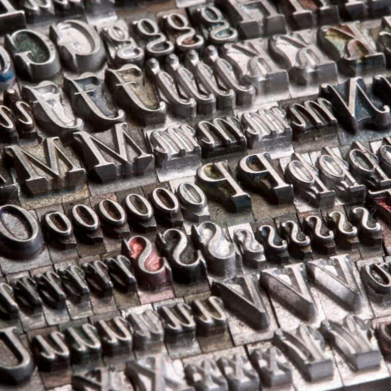 Various types of lettering in a printing press.